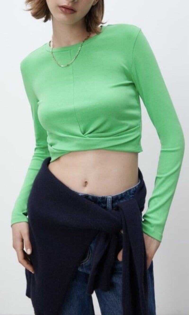 ZARA Green Twist Front Crop Top Long Sleeve Fitted Stretch Size S